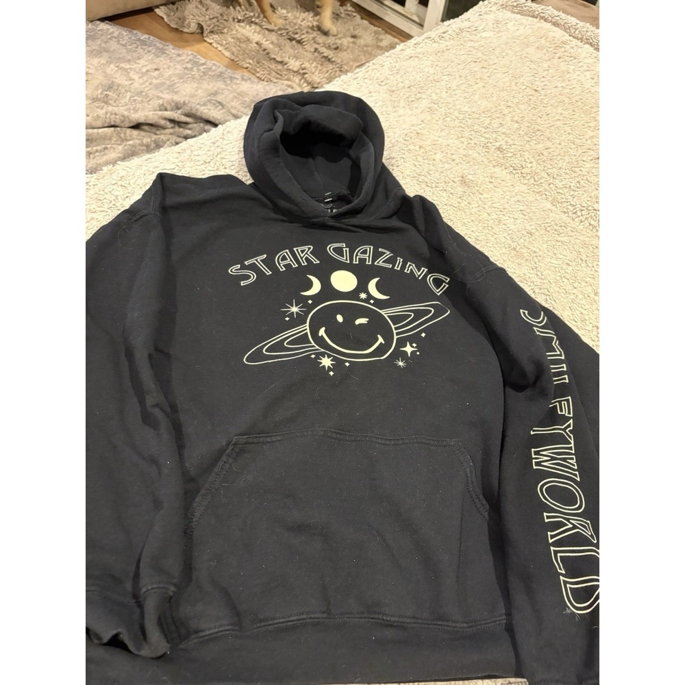 Smiley World Hoodie Mens‎ XL Black Good Star Gazing Celestial Graphic Pullover